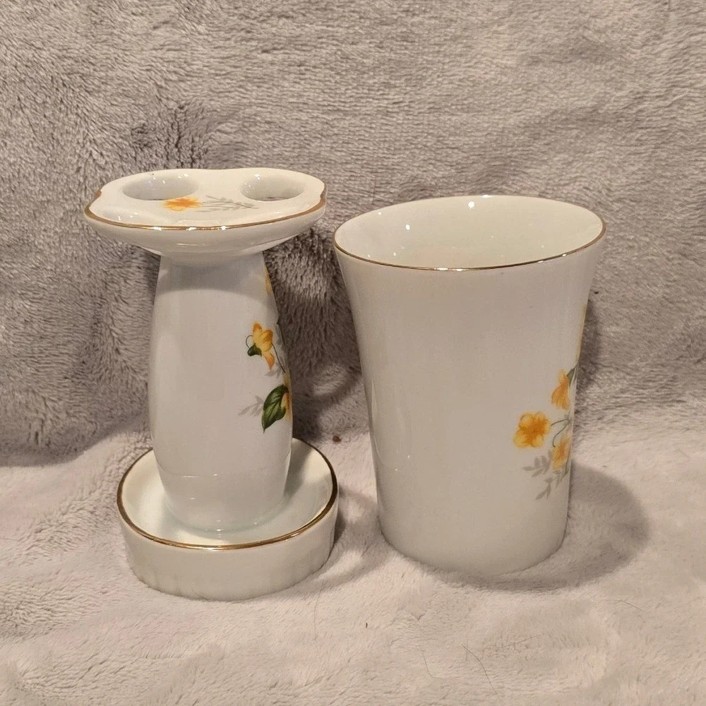 Vintage Midcentury Ceramic Floral Toothbrush Holder and Cup Yellow Flowers Japan